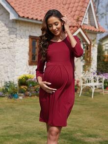 Maternidad Vestido ajustado unicolor de cuello redondo - Burdeos - Ver 3