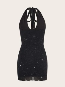 SHEIN ICON Cut Out Front Backless Glitter Bodycon Dress - Black - View 2
