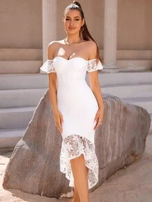 Vestido ajustado de hombros descubiertos ribete con encaje asimétrico cóctel - Blanco - Ver 5