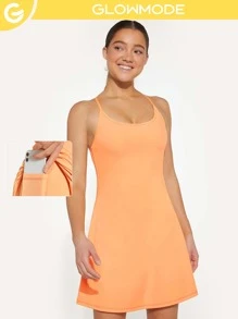 GLOWMODE Built-In Shorts Hidden Pocket Solid Active Dress Low Impact Yoga Daily Summer - Cantaloupe Yellow - View 1