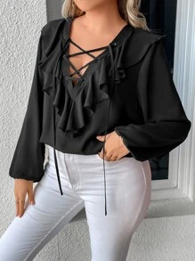 SHEIN Unity Blusa con cordón delantero ribete con fruncido de manga farol - Negro - Ver 1