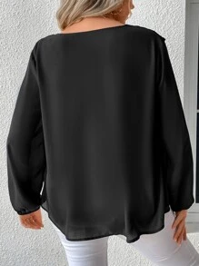 SHEIN Unity Blusa con cordón delantero ribete con fruncido de manga farol - Negro - Ver 2