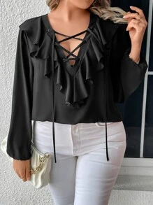 SHEIN Unity Blusa con cordón delantero ribete con fruncido de manga farol - Negro - Ver 5