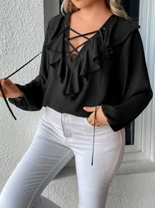 SHEIN Unity Blusa con cordón delantero ribete con fruncido de manga farol - Negro - Ver 6