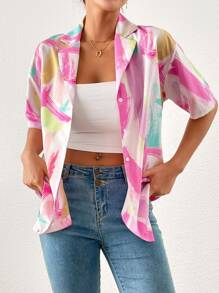 SHEIN Privé 筆刷圖案西裝領襯衫 - 彩色 - 查看 6