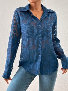 SHEIN Privé Áo sơ mi nữ cắt Nút phía trước Tất cả trên in Gợi cảm - Màu xanh hải quân - Xem 4