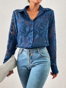 SHEIN Privé Áo sơ mi nữ cắt Nút phía trước Tất cả trên in Gợi cảm - Màu xanh hải quân - Xem 5