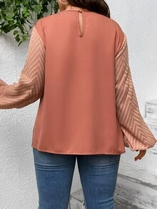 SHEIN Clasi Plus Keyhole Neckline Lantern Sleeve Blouse - Coral Orange - View 2