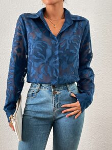 SHEIN Privé Áo sơ mi nữ cắt Nút phía trước Tất cả trên in Gợi cảm - Màu xanh hải quân - Xem 6