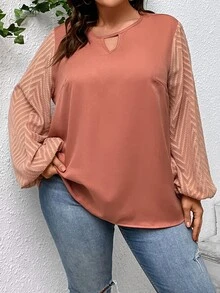 SHEIN Clasi Plus Keyhole Neckline Lantern Sleeve Blouse - Coral Orange - View 3