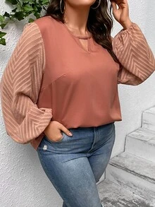 SHEIN Clasi Plus Keyhole Neckline Lantern Sleeve Blouse - Coral Orange - View 4