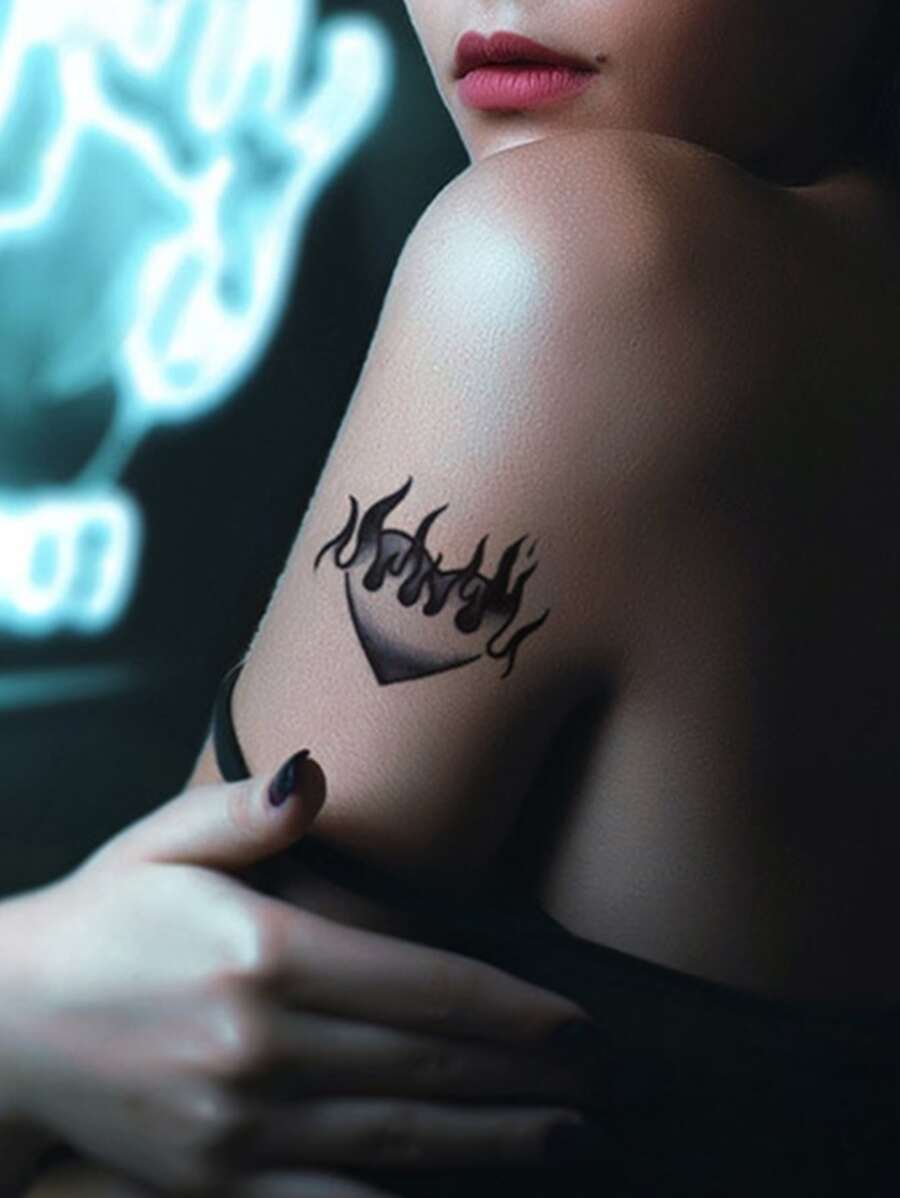 Tattoo Sticker,1 Sheet Heart & Fire Temporary Tattoos For Women,Tattoo Stickers Adults,Realistic Tattoo Heart & Fire,For Women and Girls - Black - View 1