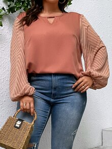 SHEIN Clasi Plus Keyhole Neckline Lantern Sleeve Blouse - Coral Orange - View 6