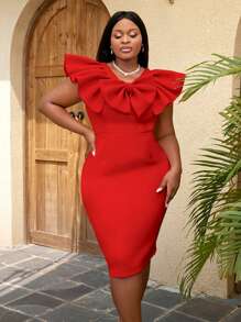 Plus Big Bow Front Ruffle Trim Bodycon Dress - Red - View 1