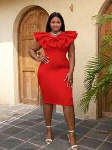 Plus Big Bow Front Ruffle Trim Bodycon Dress - Red - View 5