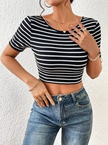 SHEIN Essnce Áo thun nữ Lộ Lưng Buộc lại Sọc Gợi cảm - Đen và trắng - Xem 3