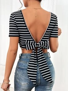 SHEIN Essnce Áo thun nữ Lộ Lưng Buộc lại Sọc Gợi cảm - Đen và trắng - Xem 4