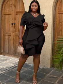 Vestido ajustado flor estéreo ribete con fruncido