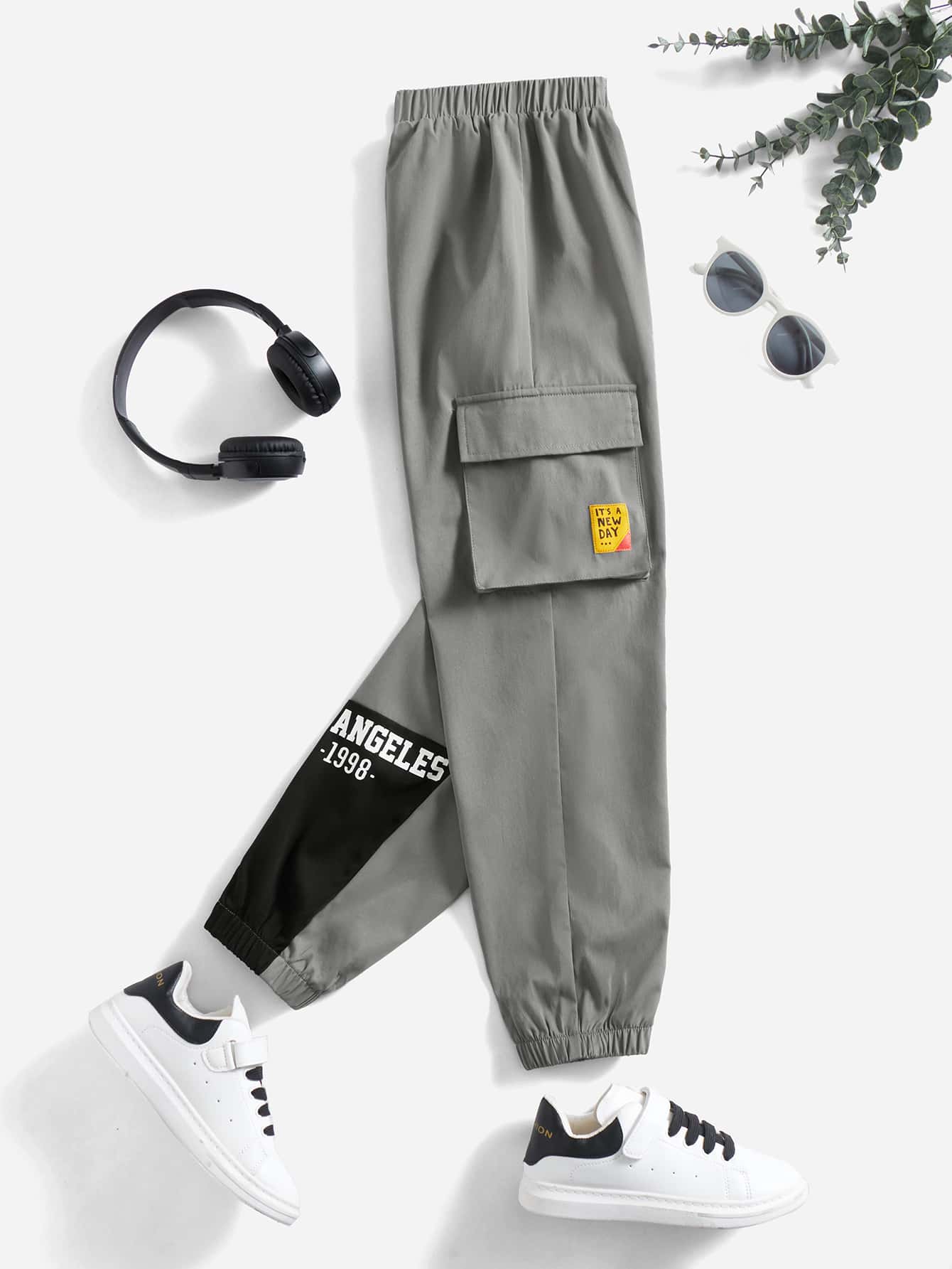 SHEIN 小男童字母圖案翻蓋口袋工裝褲