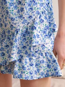 SHEIN Frenchy Ditsy Floral Print Asymmetrical Shoulder Ruffle Hem Dress - Blue and White - View 2