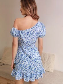 SHEIN Frenchy Ditsy Floral Print Asymmetrical Shoulder Ruffle Hem Dress - Blue and White - View 3