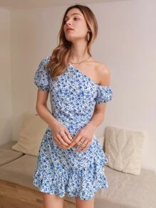 SHEIN Frenchy Ditsy Floral Print Asymmetrical Shoulder Ruffle Hem Dress - Blue and White - View 4