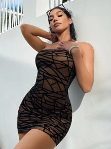 SHEIN SXY 幾何印花抹胸緊身洋裝 - 卡其色 - 查看 1