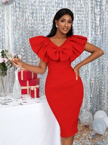 Vestido ajustado con lazo grande delantero ribete con fruncido con abertura trasera - Rojo - Ver 1