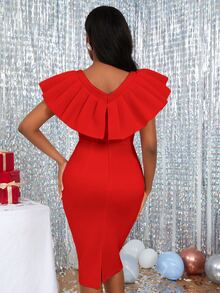 Vestido ajustado con lazo grande delantero ribete con fruncido con abertura trasera - Rojo - Ver 2