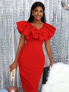 Vestido ajustado con lazo grande delantero ribete con fruncido con abertura trasera - Rojo - Ver 3