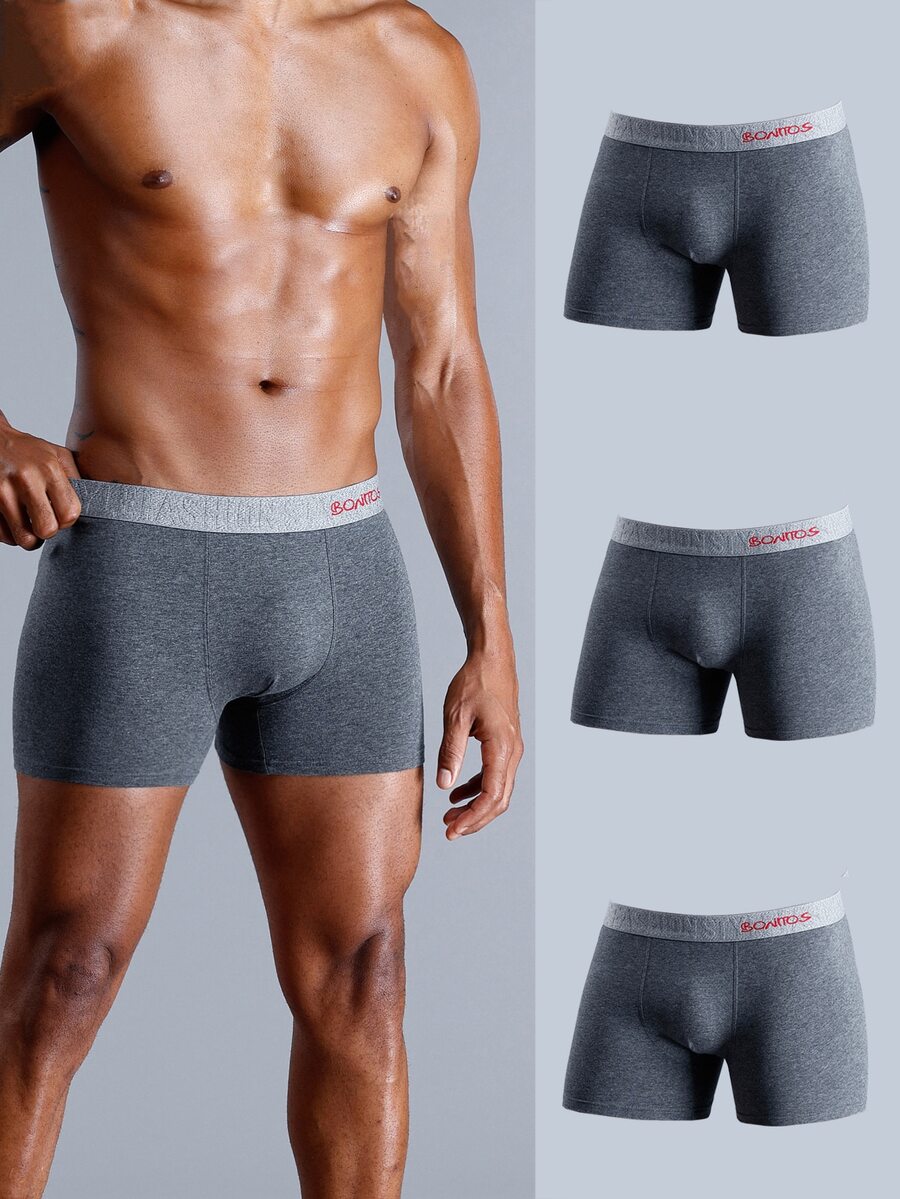 Hombres 3 piezas Calzoncillos boxer con estampado de letra - Gris Oscuro - Ver 1