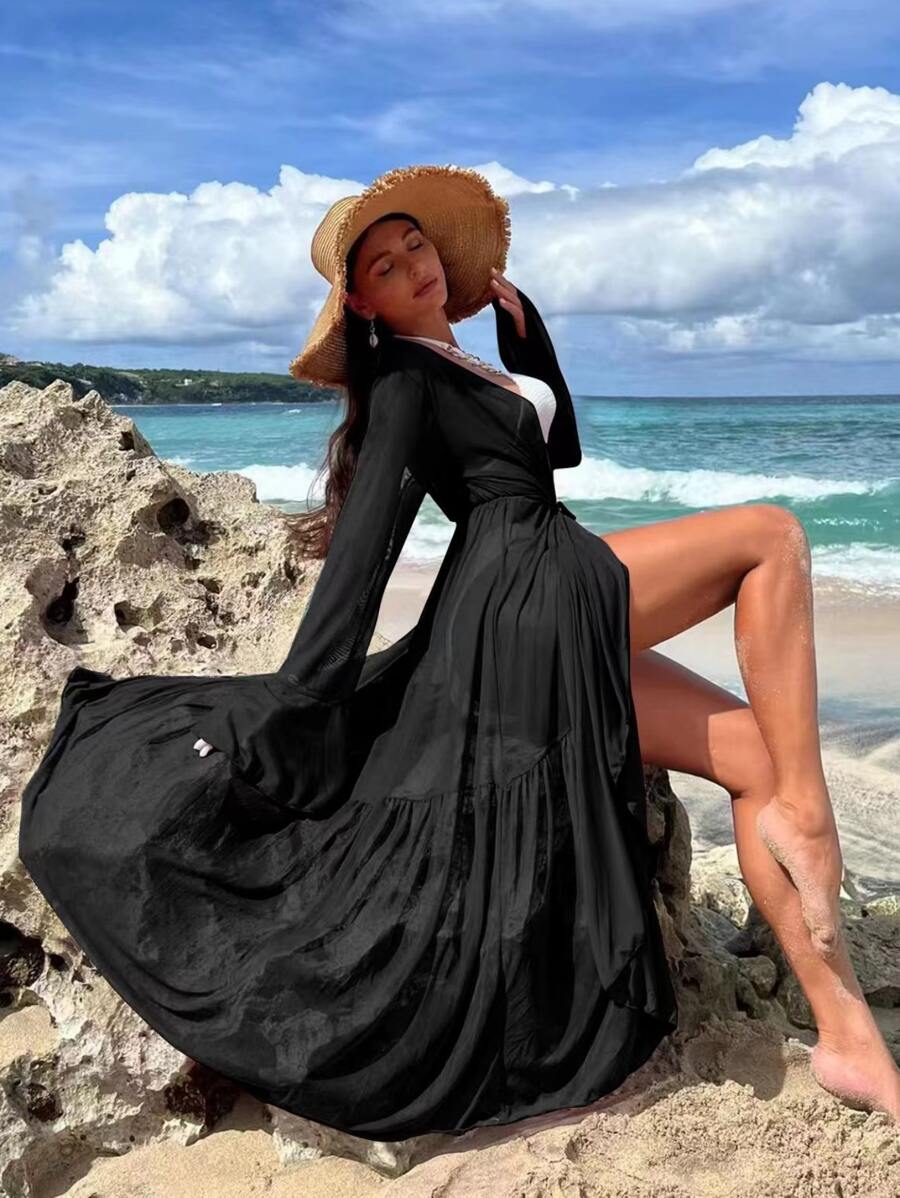 SHEIN Swim Lettuce Trim Ruffle Trim Flounce Sleeve Kimono,Summer Beach Beach Long Dressvacation Dresses Women - Black - View 1