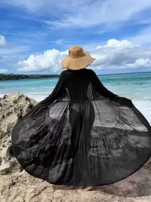 SHEIN Swim Lettuce Trim Ruffle Trim Flounce Sleeve Kimono,Summer Beach Beach Long Dressvacation Dresses Women - Black - View 2