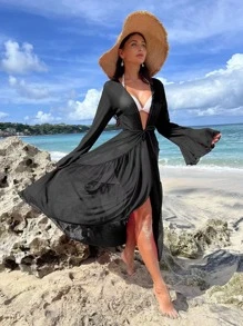 SHEIN Swim Lettuce Trim Ruffle Trim Flounce Sleeve Kimono,Summer Beach Beach Long Dressvacation Dresses Women - Black - View 6