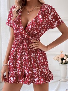 SHEIN VCAY Ditsy Floral Print Ruffle Trim Belted Romper - Red and White - View 4