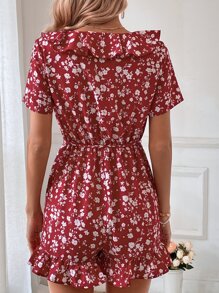 SHEIN VCAY Ditsy Floral Print Ruffle Trim Belted Romper - Red and White - View 2