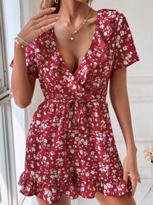 SHEIN VCAY Ditsy Floral Print Ruffle Trim Belted Romper - Red and White - View 3
