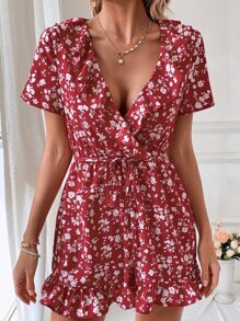 SHEIN VCAY Ditsy Floral Print Ruffle Trim Belted Romper - Red and White - View 1