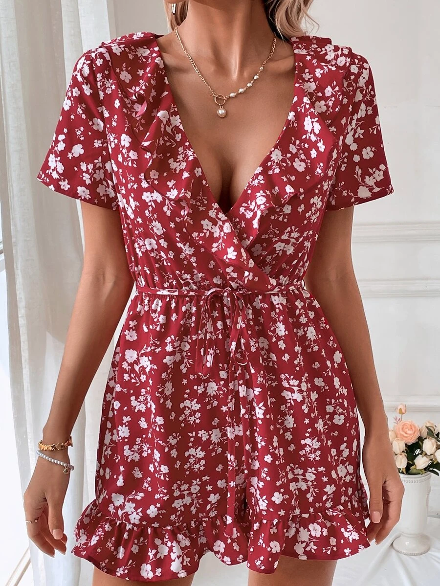 SHEIN VCAY Ditsy Floral Print Ruffle Trim Belted Romper - Red and White - View 1