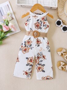 SHEIN Baby Girl Floral Print Halter Jumpsuit - White - View 1