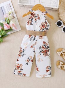 SHEIN Baby Girl Floral Print Halter Jumpsuit - White - View 2