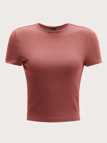 SHEIN EZwear Áo thun nữ Gân đan màu trơn Giải trí - Gỗ đỏ - Xem 1