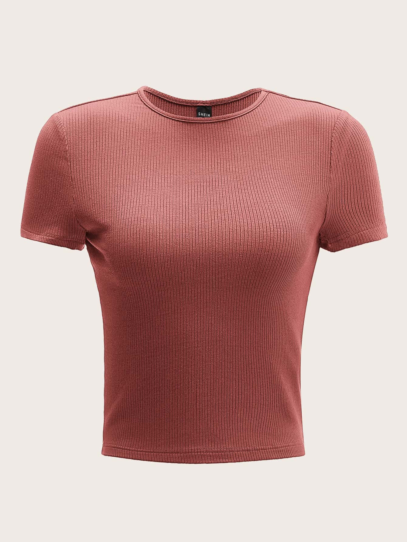 SHEIN EZwear Áo thun nữ Gân đan màu trơn Giải trí - Gỗ đỏ - Xem 1