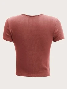 SHEIN EZwear Áo thun nữ Gân đan màu trơn Giải trí - Gỗ đỏ - Xem 2