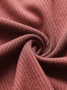 SHEIN EZwear Áo thun nữ Gân đan màu trơn Giải trí - Gỗ đỏ - Xem 3