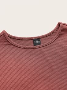 SHEIN EZwear Áo thun nữ Gân đan màu trơn Giải trí - Gỗ đỏ - Xem 4