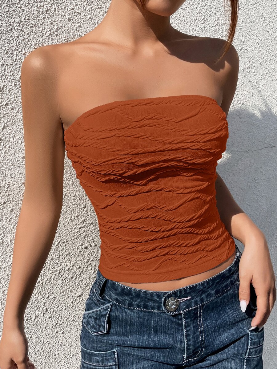 SHEIN EZwear 素色紋理質感抹胸上衣 - 鏽棕色 - 查看 1