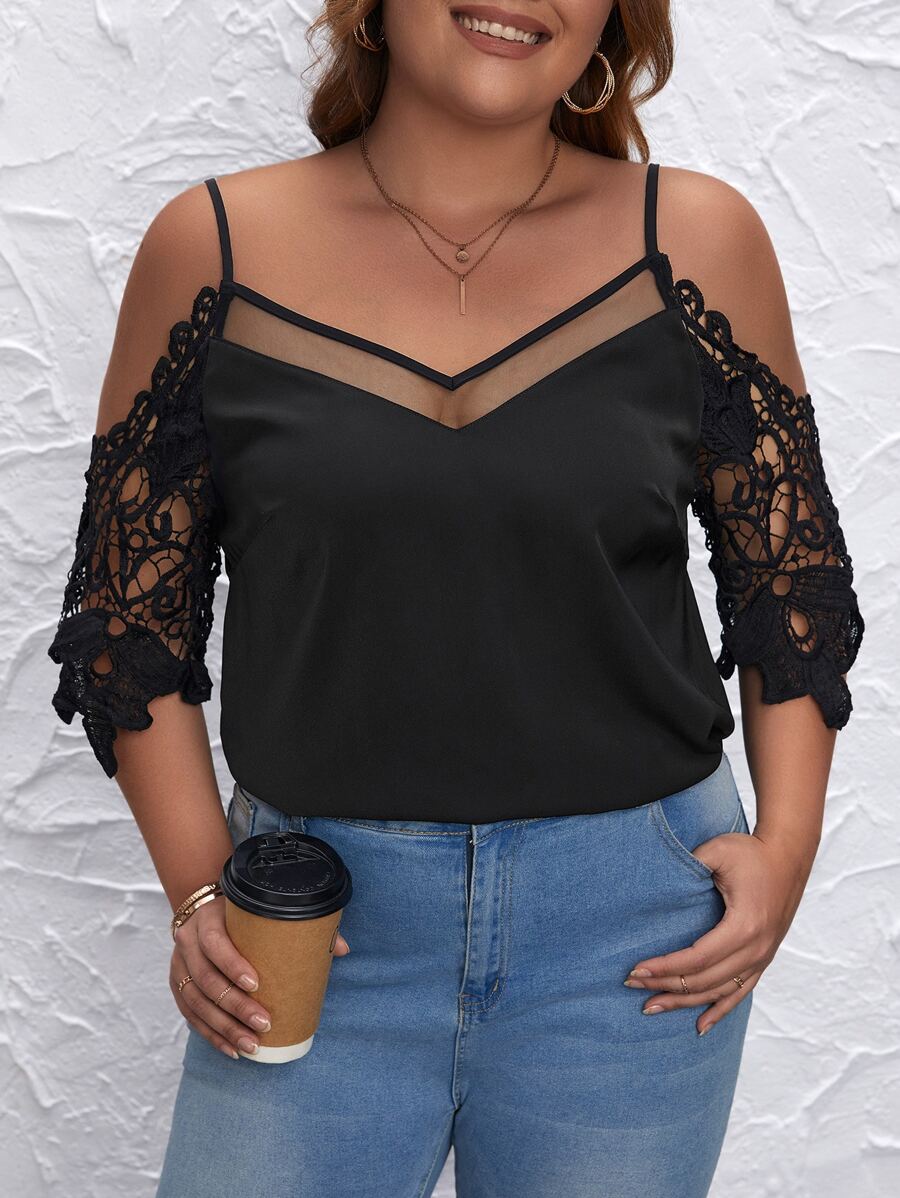 SHEIN Clasi Plus Contrast Guipure Lace Cold Shoulder Top - Black - View 1