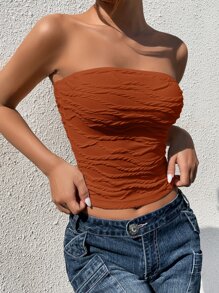 SHEIN EZwear 素色紋理質感抹胸上衣 - 鏽棕色 - 查看 3