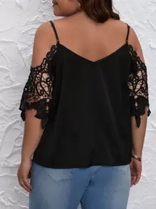 SHEIN Clasi Plus Contrast Guipure Lace Cold Shoulder Top - Black - View 2